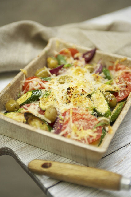 Tomato, Courgette, Tarragon, and Reduced Fat Cheese Gratin -