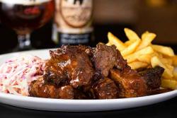 Kansas City Style Burnt Ends Served with Cornbread Muffins and BBQ Beans -