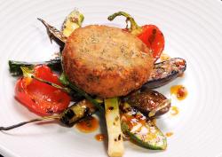 Smoked salmon fishcake with roasted baby vegetables -