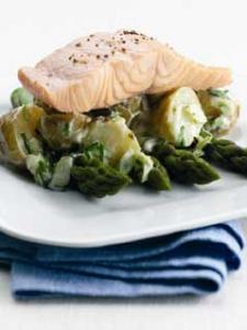 Warm Jersey Royals salad with asparagus and basil dressing with salmon -