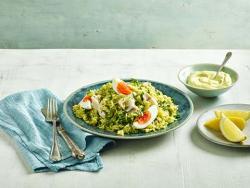 Spicy Haddock Kedgeree with Goldfish sauces -
