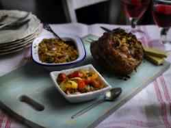 St. David's Day recipe for Rachel Green's Roasted Leg of Lamb with a Shallot and Chorizo Stuffing served with a Spiced Shallot and Cherry Tomato Sauce -