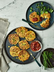Sweetcorn and Halloumi Fritters with Tracklements Cucumber And Sweet Pepper Relish -
