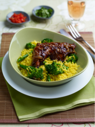 Indonesian braised Chicken in sweet Soy Sauce with Tenderstem Coconut Rice -