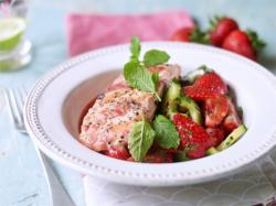 Roast Salmon With Pomegranate And Strawberry Dressing With Strawberry And Cucumber Relish -