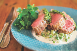 Watercress crusted lamb rack with broad bean and pea ragout -