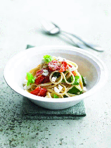 Linguini with Crottin, cherry tomatoes, fresh basil and garlic -