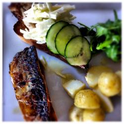 Pan fried mackerel on toast with apple slaw and horseradish potatoes. -