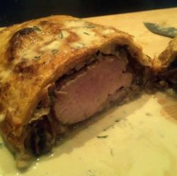 Pork Wellington with Asparagus and Mushroom Duxelle Stuffing and a Tarragon and Brandy Sauce -