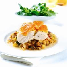 Sea Bass with Red Leicester and Hot Aubergine Salsa -