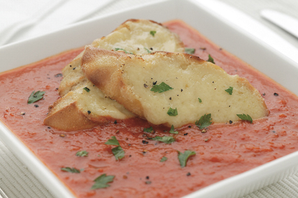 Red pepper soup with Gruyere croutes -