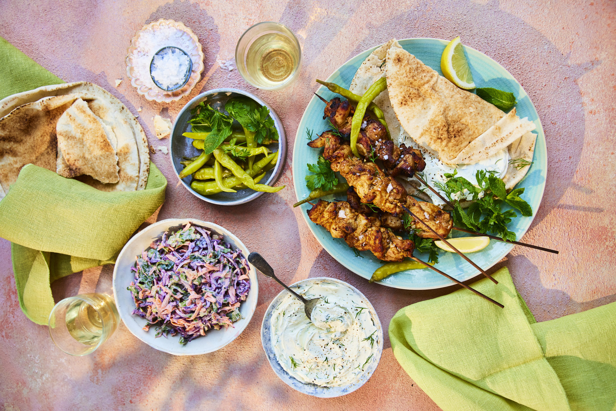 Maldon Salt Chicken Shawarma Flatbreads with Shredded Slaw, Pickled