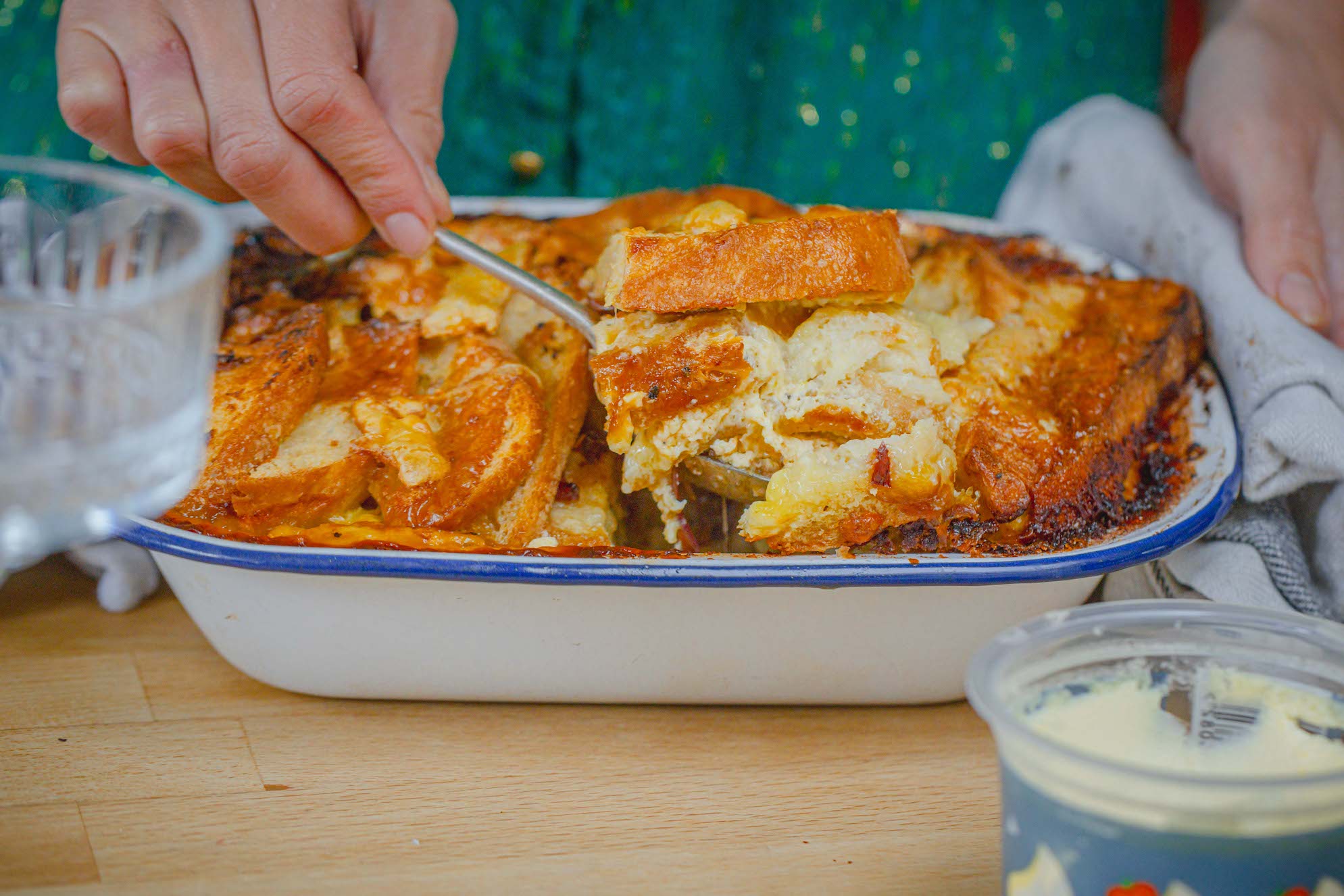 Savoury camembert and caramelised onion bread and butter pudding -